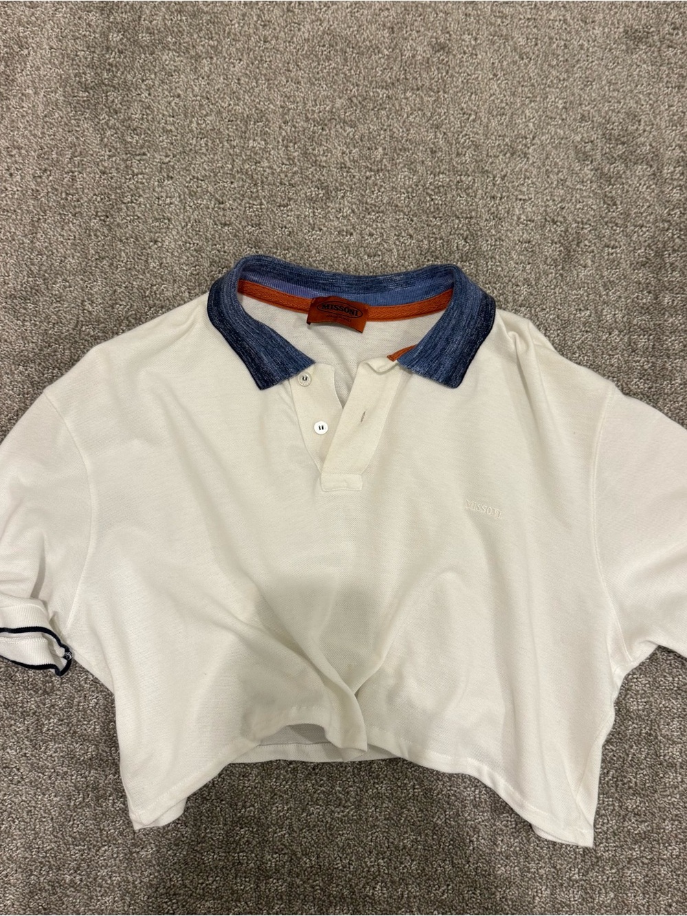 Vintage Missoni Cropped White Polo Top with Blue Collar